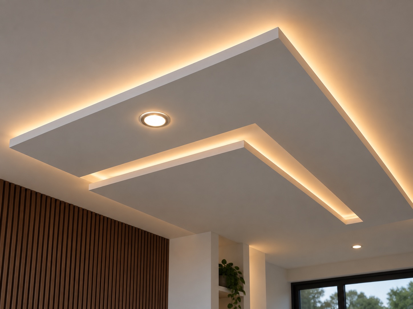 A floating ceiling raft with cove lighting above a walnut slat wall