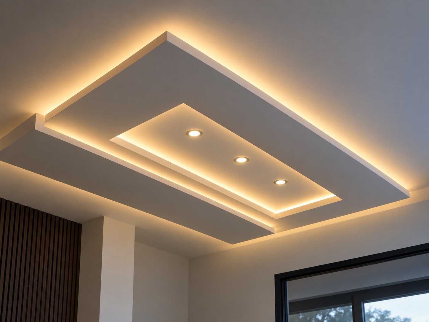 A two-tier floating plasterboard ceiling with warm cove lighting and three downlights