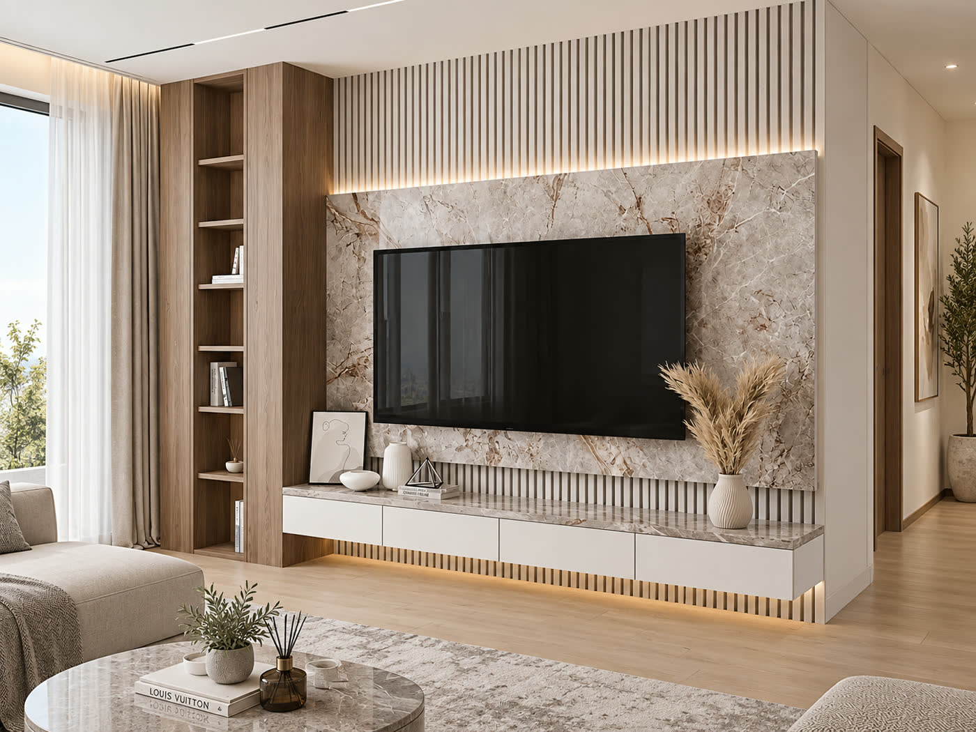 A grey marble TV wall with fluted panels and oak shelving